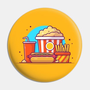 Tasty Combo Menu Hotdog with Popcorn, Soda and French Fries Cartoon Vector Icon Illustration Pin