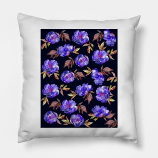 Peonies Flowers Watercolor Ink Cute dark blue Pillow