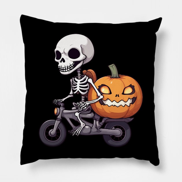 Skeleton Riding Vintage Bicycle Halloween Funny Pumpkin Pillow by Rishirt