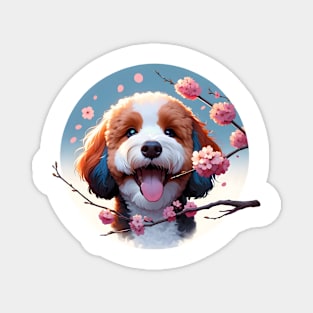 Mini Bernedoodle Welcomes Spring With Cherry Blossoms Magnet