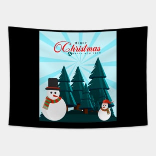 Merry Christmas and New Year greetings with snowman and pine tree with snow Tapestry