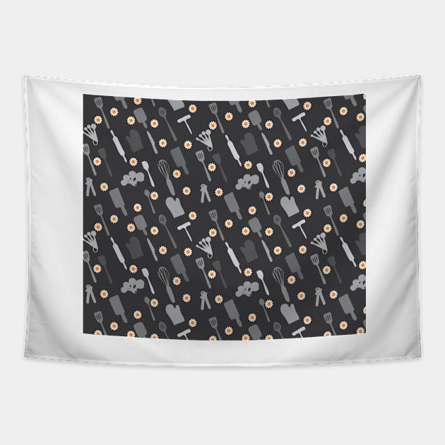 In The Kitchen — Grey with Daisies Tapestry by DenAlex