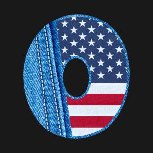 Letter O with the texture of blue denim fabric and USA flag - The Monogram O and jean fabric and American flag- jean fabric english alphabet A to Z T-Shirt