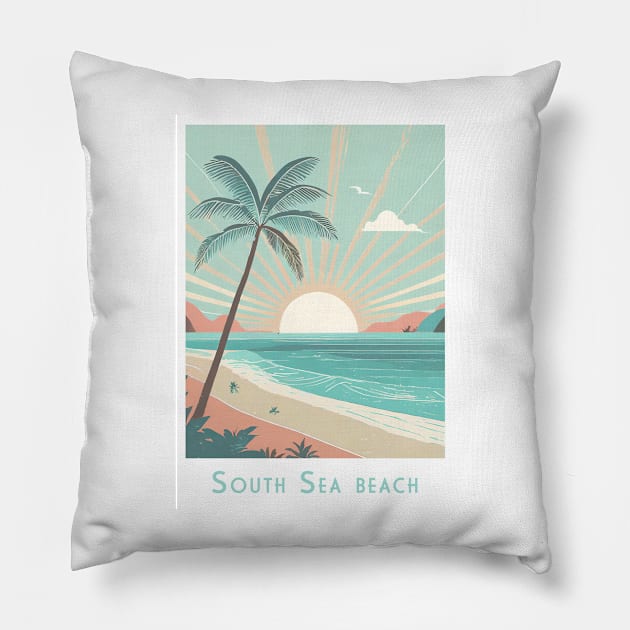 Vintage Travel Retro South Sea Beach Sunset Pillow by POD24