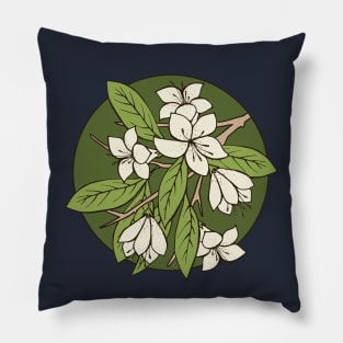 Green and White Sakura Branch Pillow