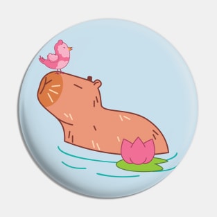 Capybara with pink bird and flower Pin