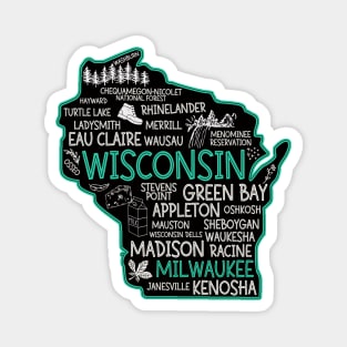 Milwaukee Wisconsin cute map, Osseo, Green Bay, Kenosha, Racine, Appleton, Waukesha, Eau Claire, Oshkosh, Janesville Magnet