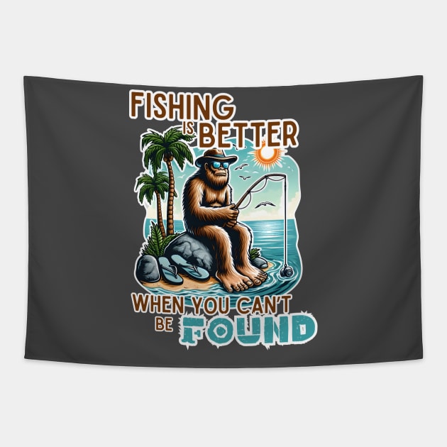 Bigfoot Fishing - Beach Tapestry by WolfeTEES