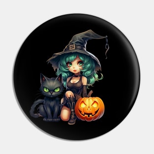 Halloween Witch Black Cat and Pumpkins Pin