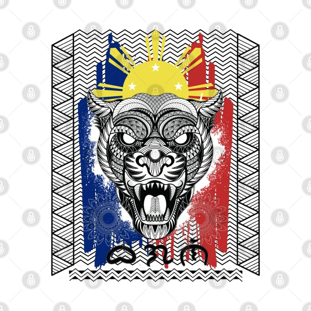 Philippine Flag Tribal line Art Tiger / Baybayin word Bagani by Pirma Pinas