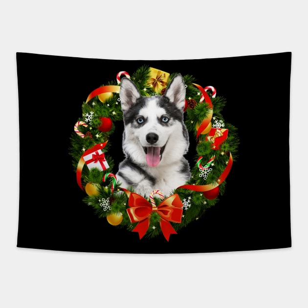 Funny Siberian Husky Christmas Wreath Ornament Tapestry by Magazine