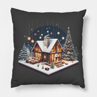 a warm and inviting cabin surrounded by a snowy landscape. there's elements like a crackling fireplace, decorated Christmas tree, and perhaps a family or group of friends enjoying the holiday season inside. Pillow