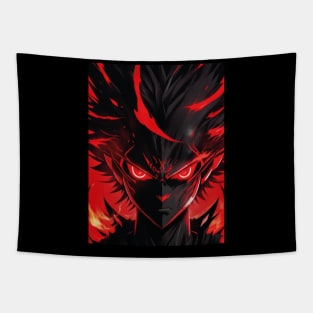 A red black shadow in an anime style with red eyes and flames behind it. Tapestry