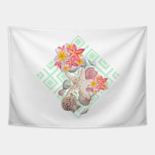 Modern tropical flowers seashells geometric design Tapestry