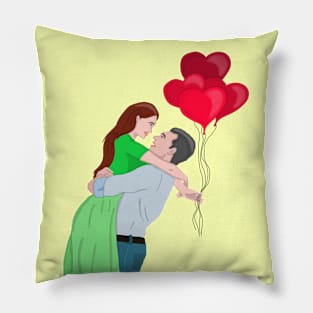 Couple Hugging While Holding Heart Shaped Balloons Pillow