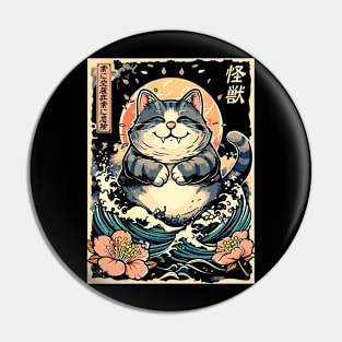 Japanese Kaiju Cat Neko Zilla Sea Wave, Men, Women , Kids Pin