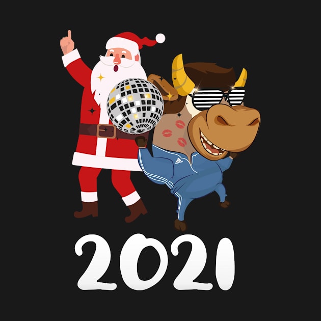 New Year 2021 Symbol Animal Ox - Funny Ox In Retro Sunglasses With Dancing Santa Disco Dancers Cool Xmas Gift by Stell_a