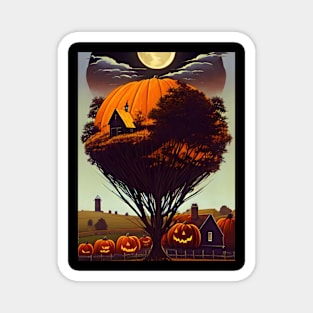 Halloween with tree, house,cornfield, moon, scarecrow Magnet