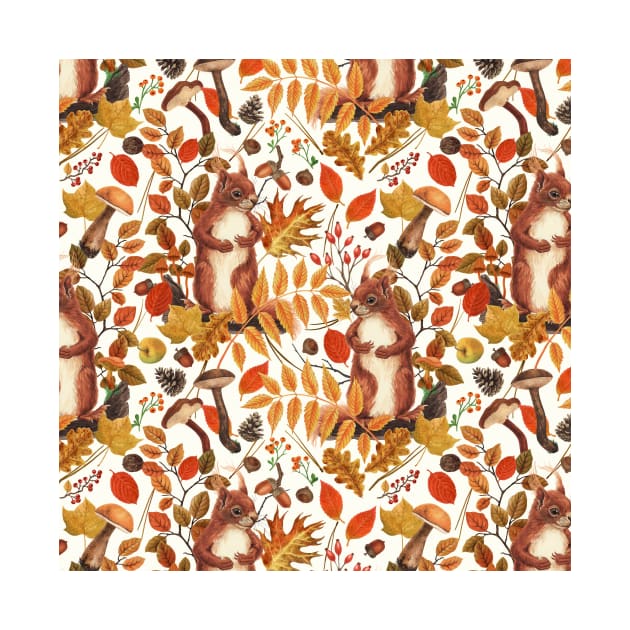 Autumn squirrels and autumnal flora on off white by katerinamk