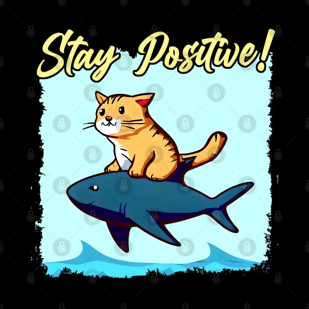 Stay Positive! Funny cat ride a shark by T-shirt US