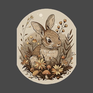 Vintage Botanical Spring Flowers Cute Rabbit Woodland Forest T-Shirt