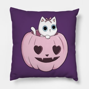 pink pumpkin white cat heart halloween coquette dollette Pillow