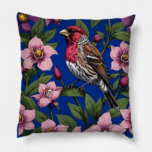 New Hampshire Purple Finch And Pink Ladys Slipper Pillow