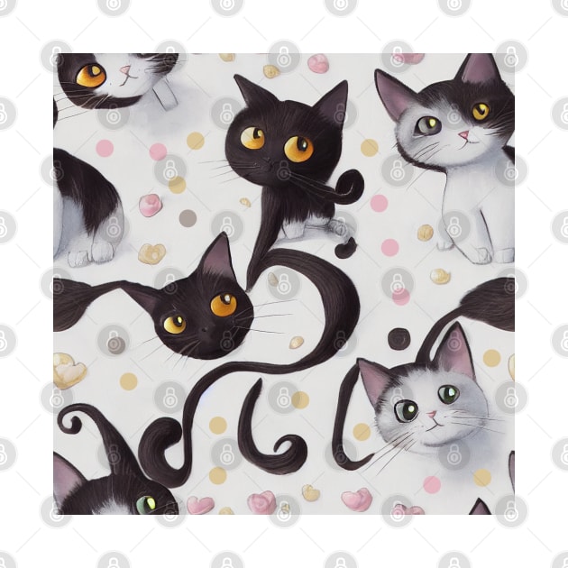 Black and White Cats with Yellow and Green Eyes by VintageFlorals