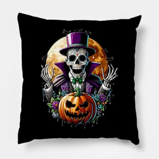 Sugar Skull Art - Pumpkin's Midnight Halloween Pillow