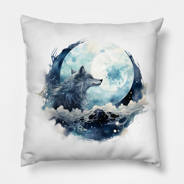 Wolf looking at full moon Pillow by Retroprints