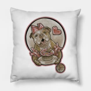Bulldog Cutie & Cupcake - Pink Outlined Version Pillow