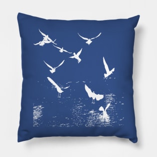 White Silhouette Of A Flock Of Seagulls Scavenging Pillow