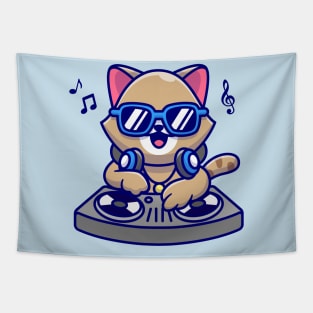 Cute Cat Playing Dj Music With Headphone Cartoon Tapestry