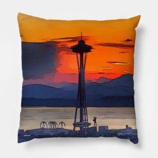 Gorgeous sunset in Seattle, with the Space Needle in the foreground Pillow