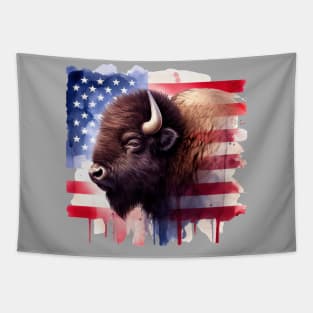 Bison portrait with United States of America flag background watercolor Tapestry