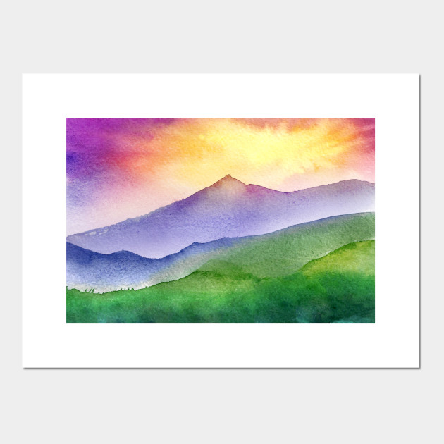 watercolor mountains at dawn