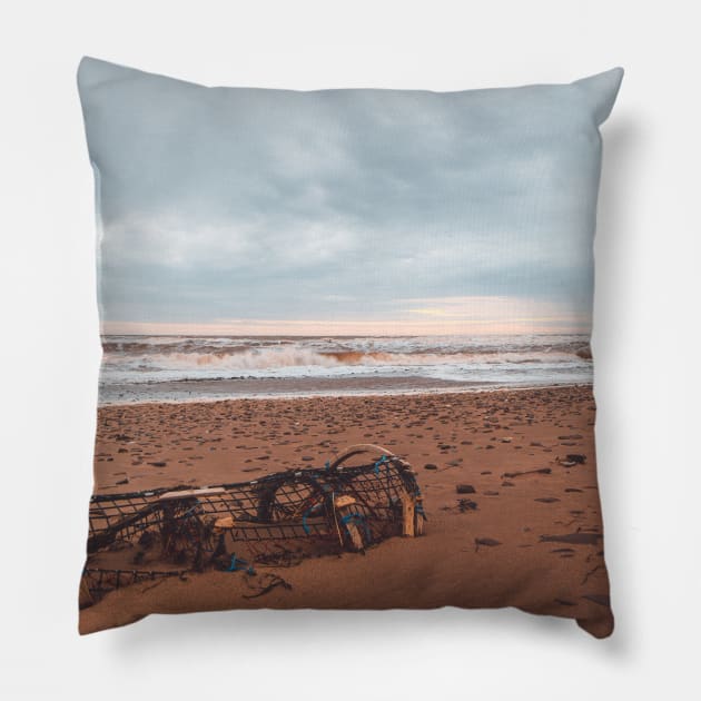 Stranded Lobster Trap on a New Brunswick Beach V1 Pillow by Family journey with God