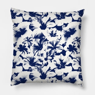 Hibiscus Flowers Tropical Blue and White Pattern Pillow