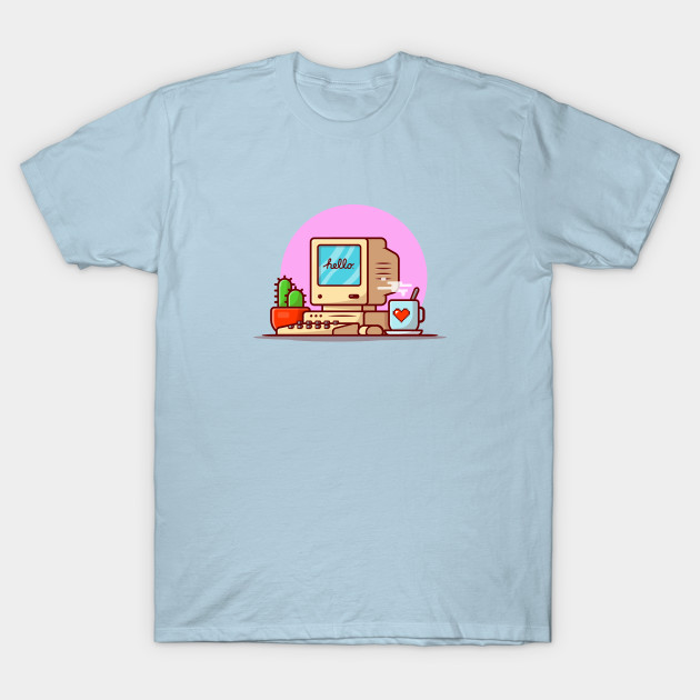 Discover Old Computer Desktop with Coffee and Cactus Cartoon Vector Icon Illustration - Computer - T-Shirt