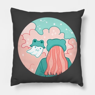 A ghost and a girl with froggy hats look at each other under the moonlight Pillow