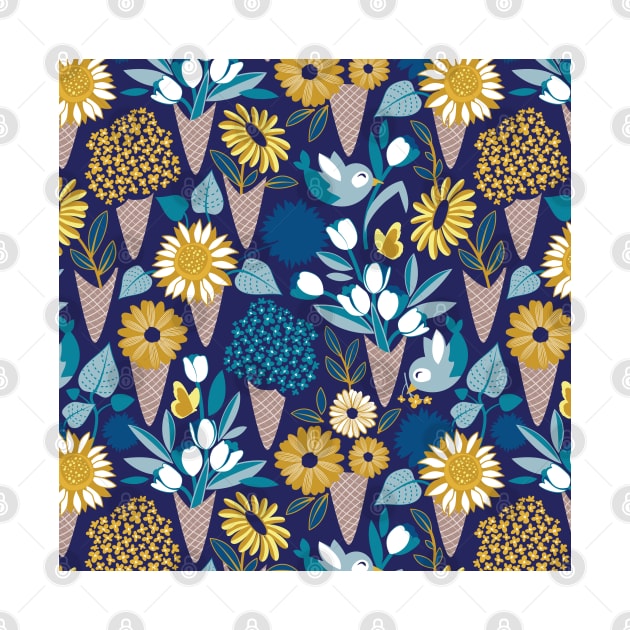 Midsummer I scream flower cones // pattern // navy blue background blue teal and yellow flowers bouquets by SelmaCardoso