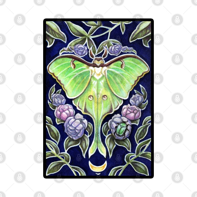 Luna Moth and Flowers - Black Outlined Version by Nat Ewert Art