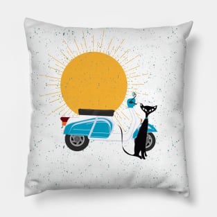 Retro Cat Sitting next to Vintage Scooter Pillow