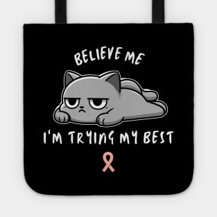 Uterine Cancer Warrior Cat With Awareness Ribbon Tote