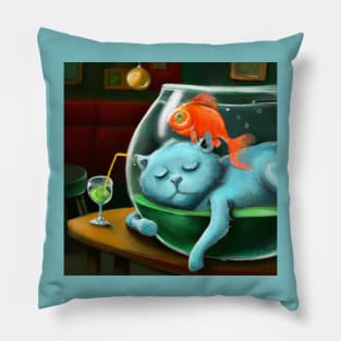 Blue Cat Sleeps Between Dimensions and Leaves Goldfish Homeless Pillow