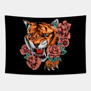 Roaring Tiger and Flower Tapestry