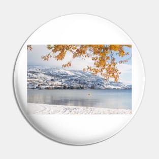 Snow Covered Mountains and Autumn Leaves Reflected in Skaha Lake Pin