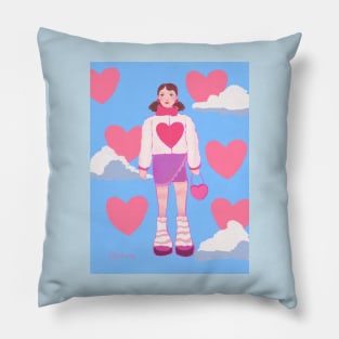 ilustración de chica con corazones y nubes Pillow