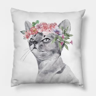 Cat in Flower Wreath Pillow