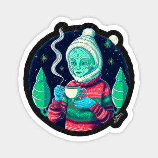 Christmas Funny Alien Drinking Coffee Wearing Sweater Magnet